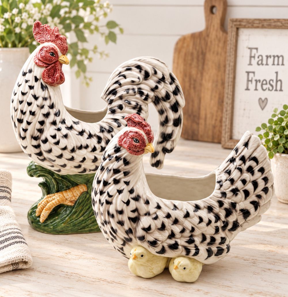 Vintage 1992 Fitz & Floyd Poulet Rooster Hen Chicks Set Speckled Farmhouse